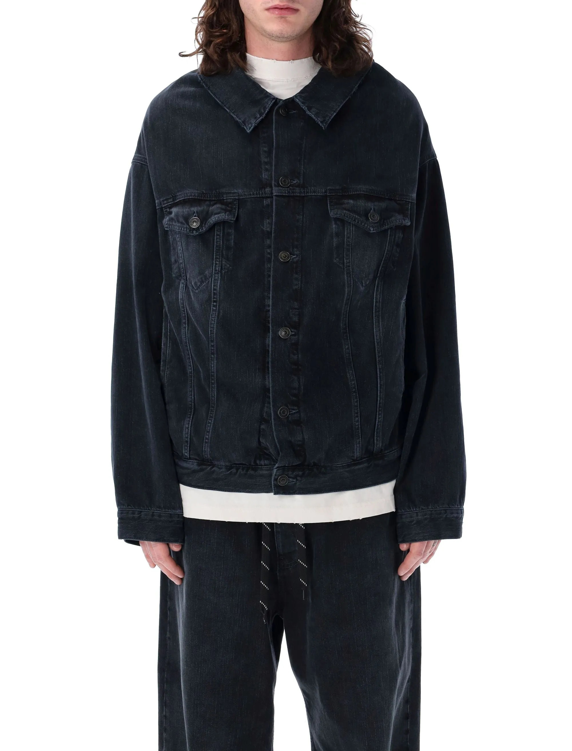 BALENCIAGA Men's Off-Shoulder Black Denim Jacket for SS24