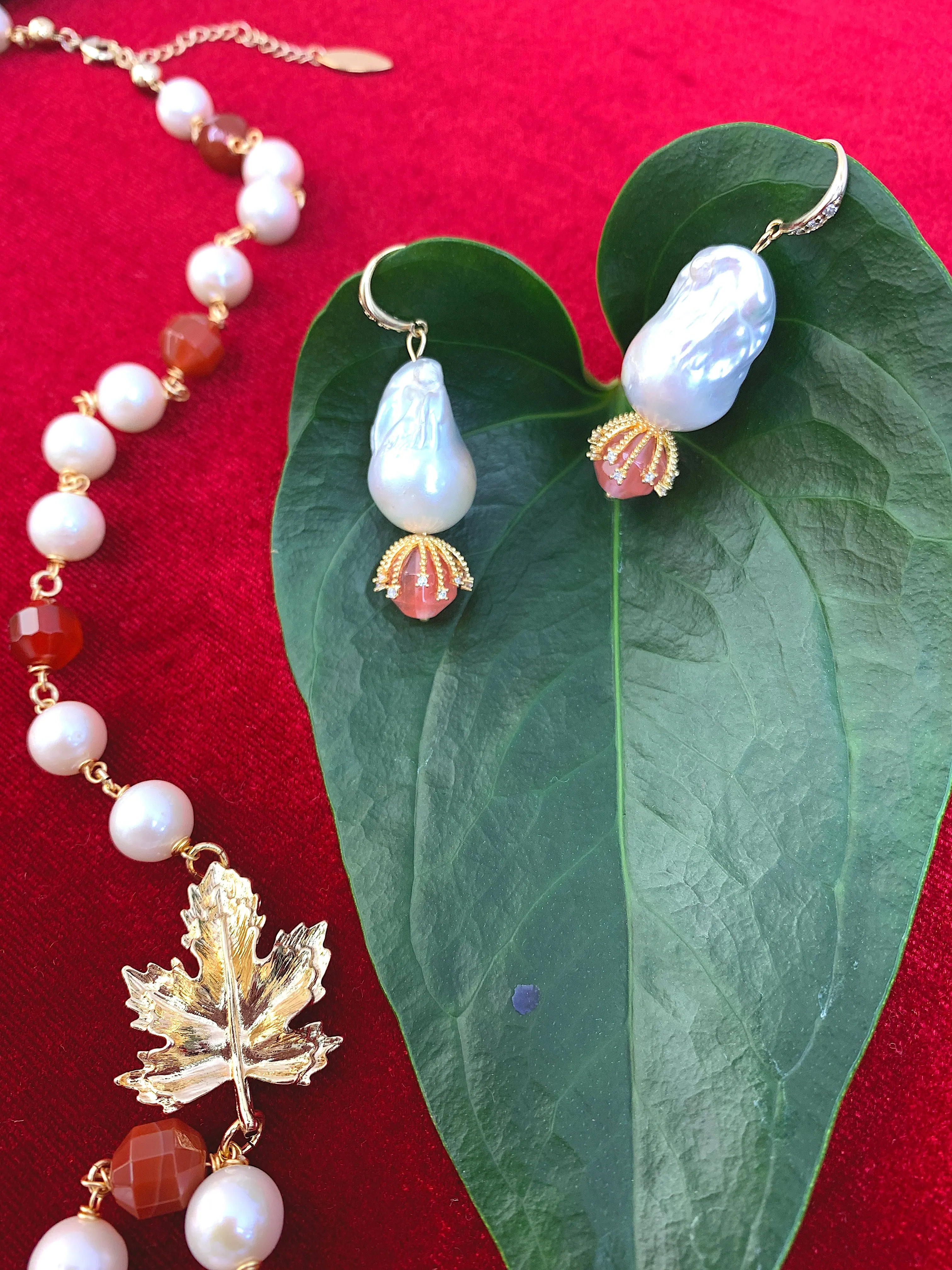 Baroque Pearl With Watermelon Quartz Elegant Earrings HE020