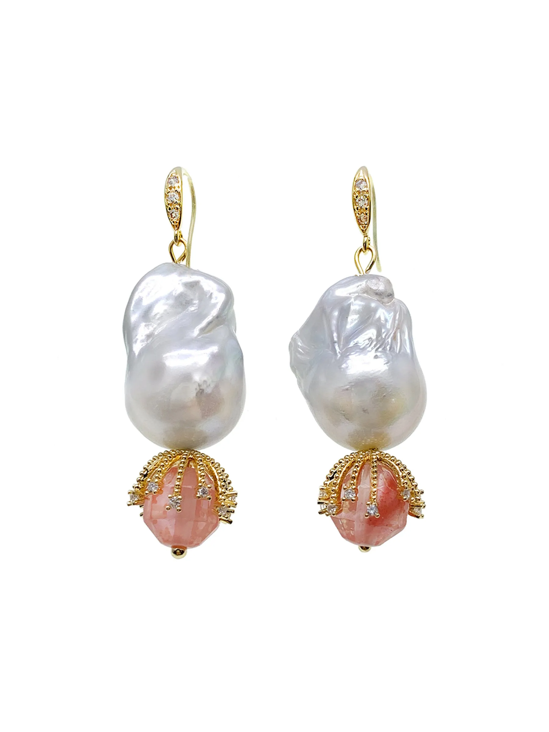 Baroque Pearl With Watermelon Quartz Elegant Earrings HE020