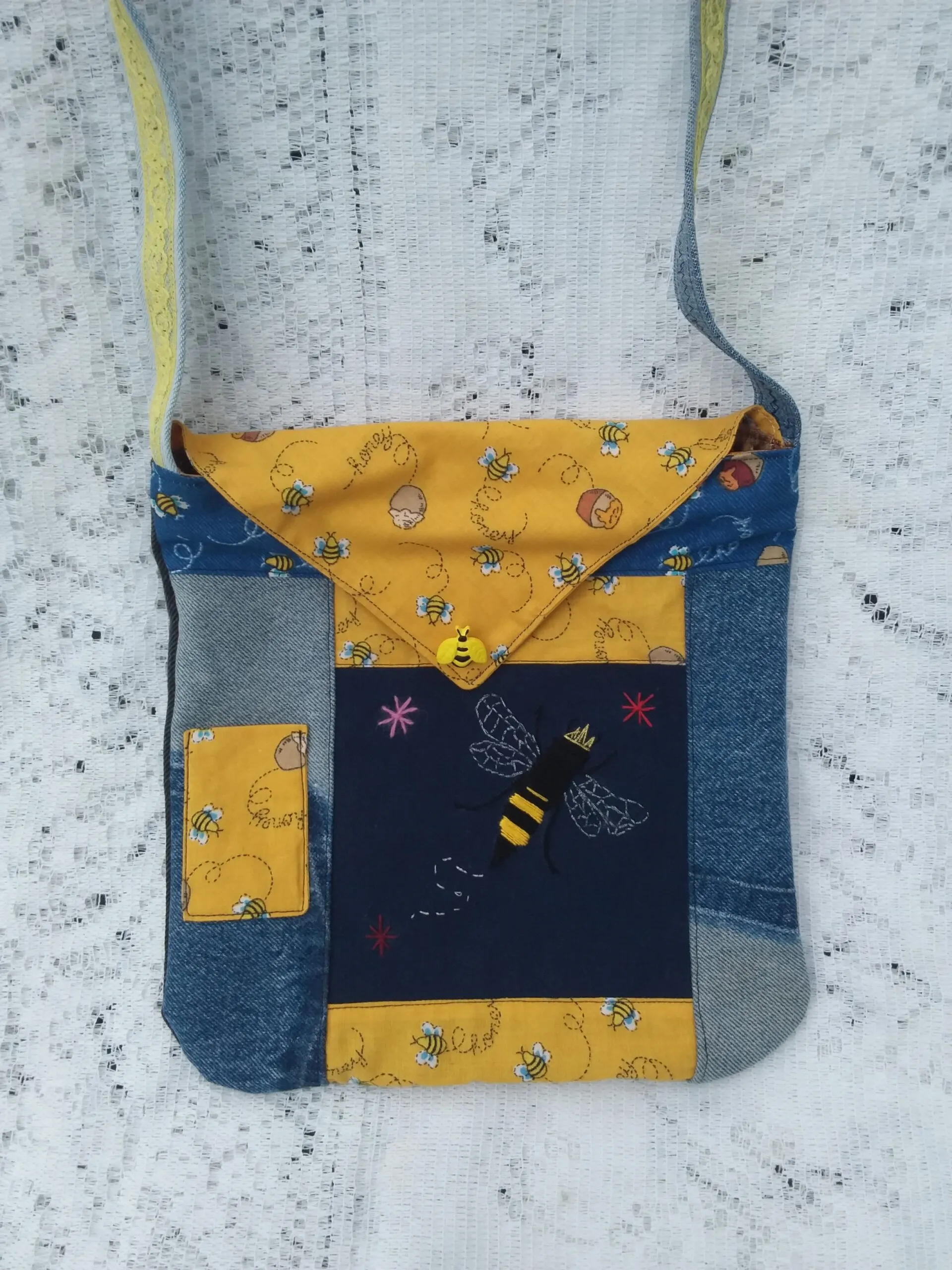 Bee Charmer handbag of repurposed denim, canvas, and honey bee fabric