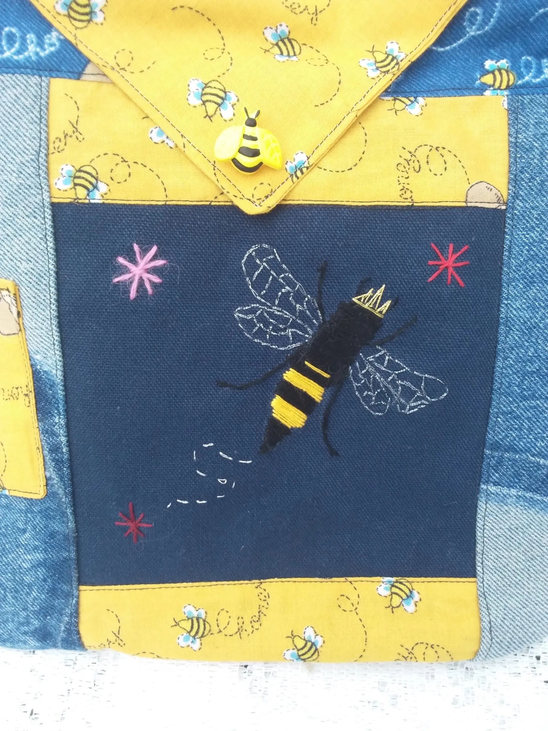 Bee Charmer handbag of repurposed denim, canvas, and honey bee fabric