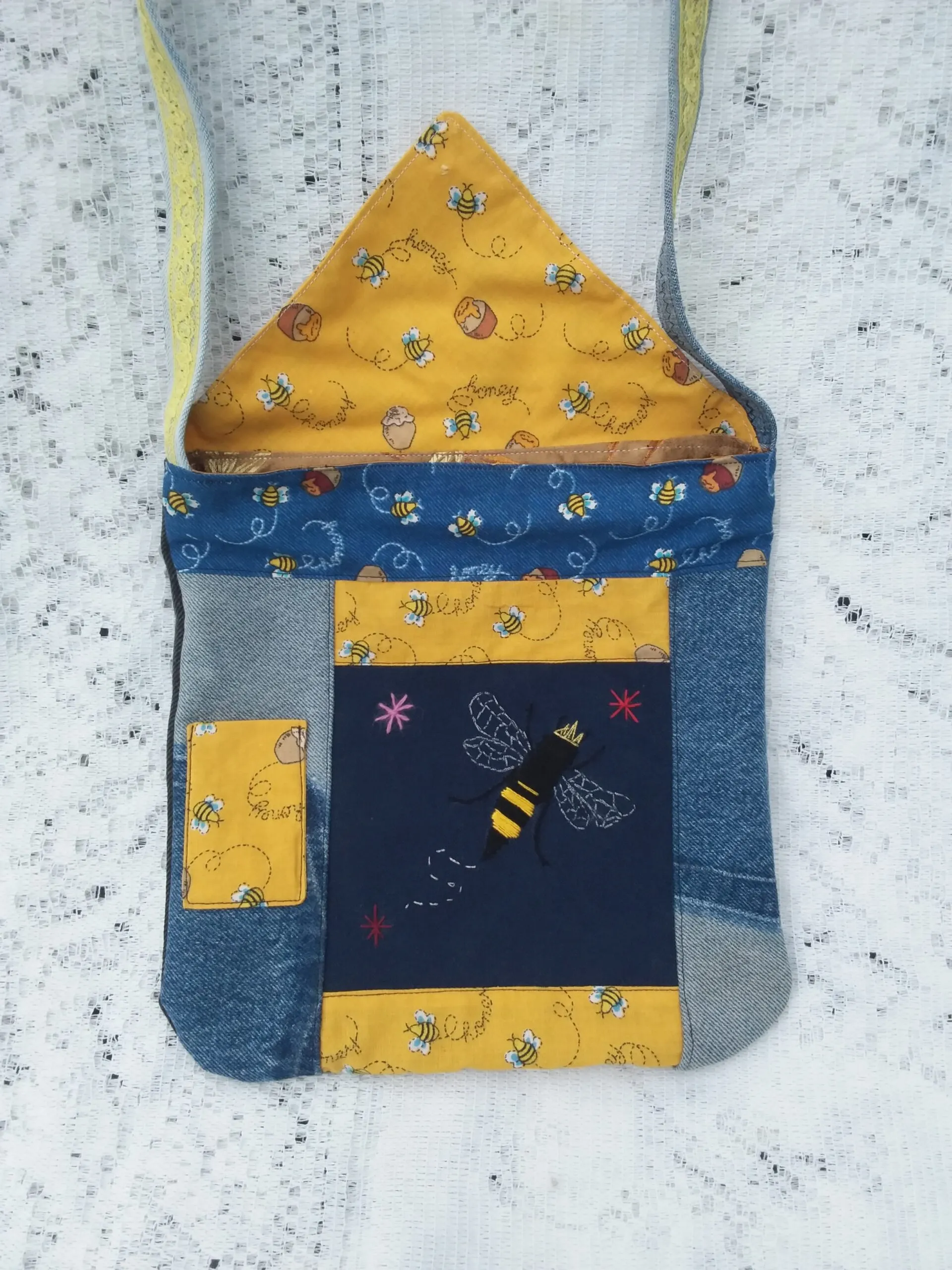 Bee Charmer handbag of repurposed denim, canvas, and honey bee fabric