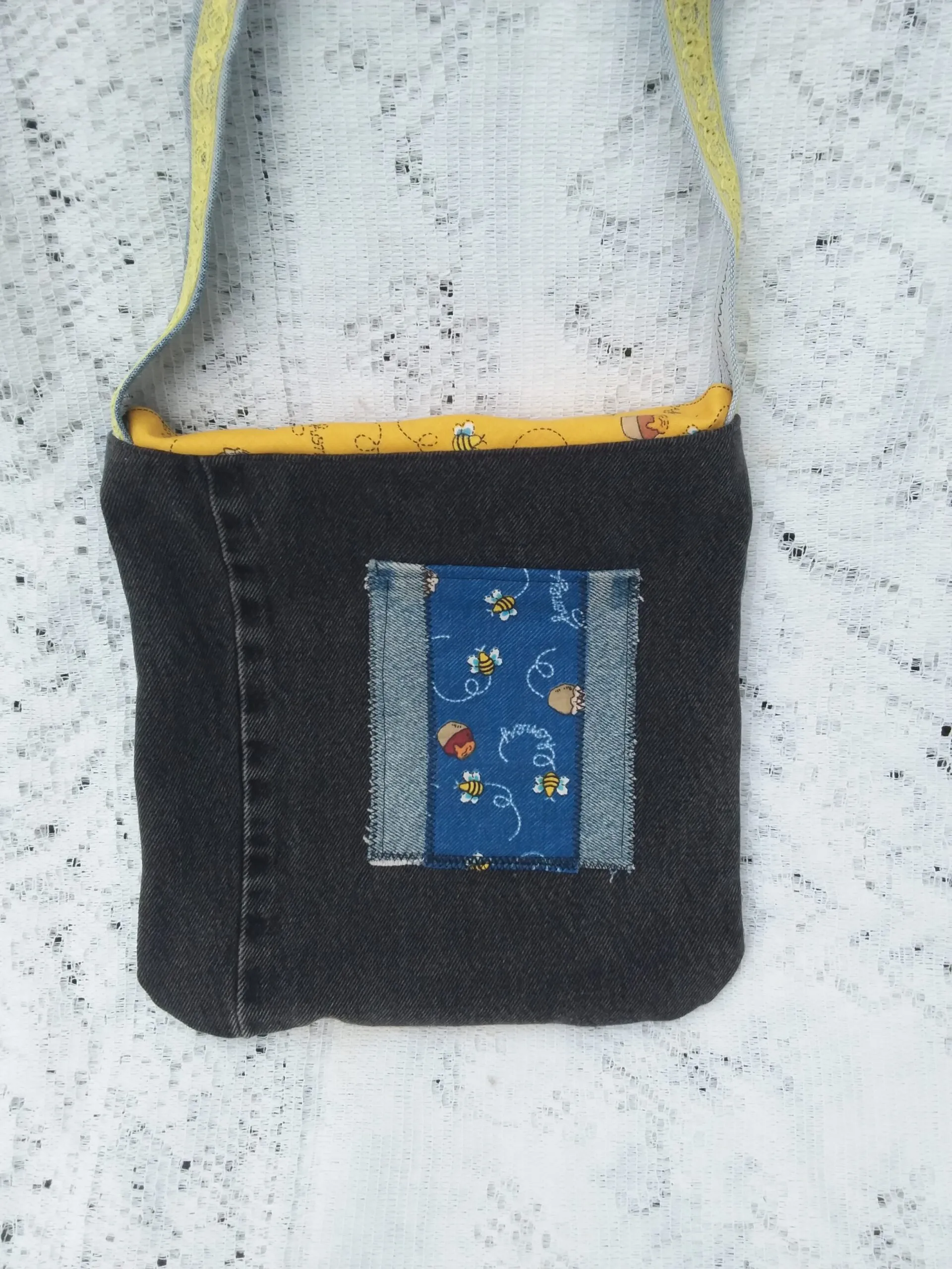 Bee Charmer handbag of repurposed denim, canvas, and honey bee fabric