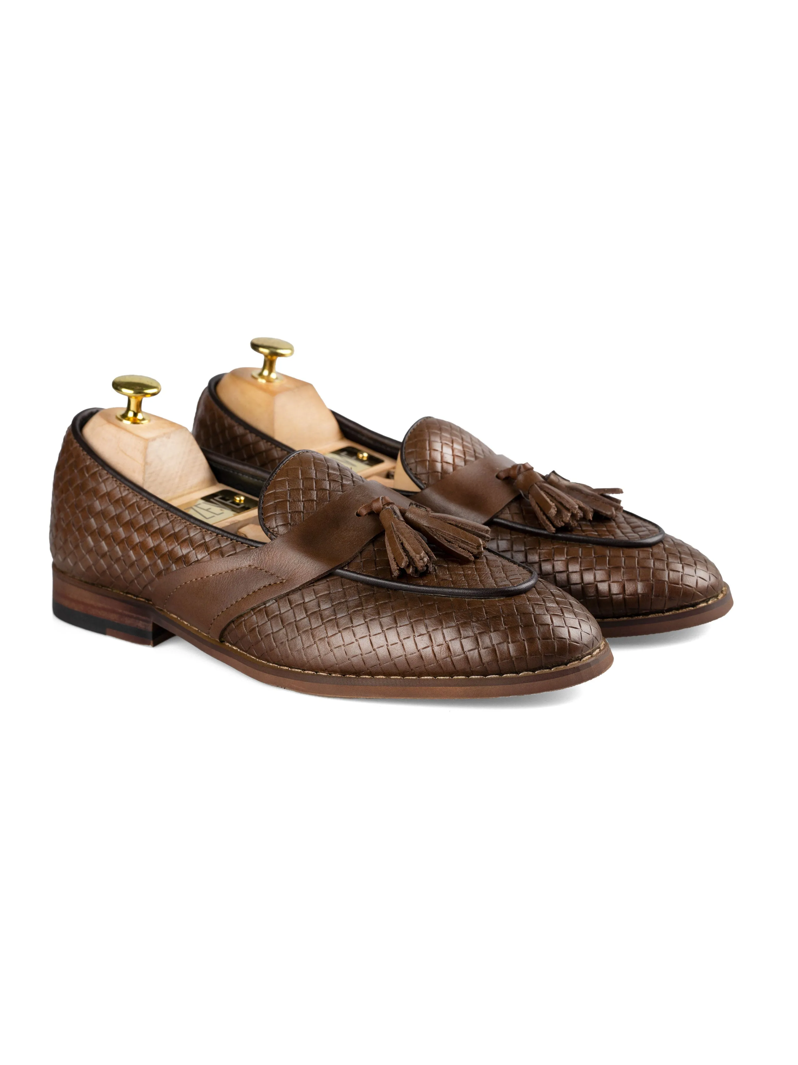 Belgian Loafer Tassel - Coffee Woven Leather with Solid Strap