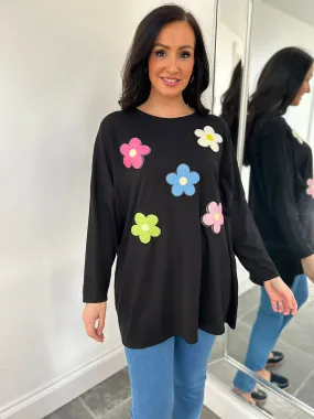 Black Round Neck Floral Top Jude