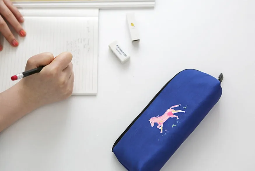 Blue Horse Graphic Pencil Cases Stationery Zipper School 19cm Office Cosmetics Pouches Artists Designer Prints Gifts Bags Purses