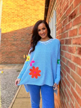 Blue Ribbed Sleeve Daisy Knit Violet