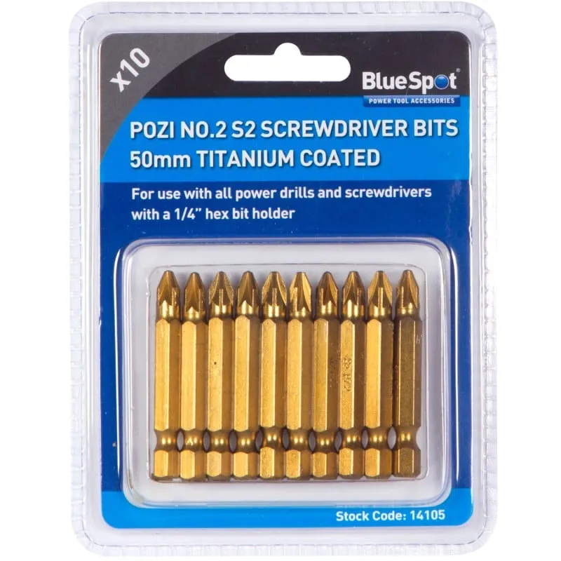 Blue Spot Tools POZI PZ2 Titanium Coated Power Bit 50mm 10pc Set 14105 Bluespot