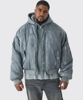 boohooMAN Mens Plus Boxy Washed Padded Hooded Bomber Jacket In Grey