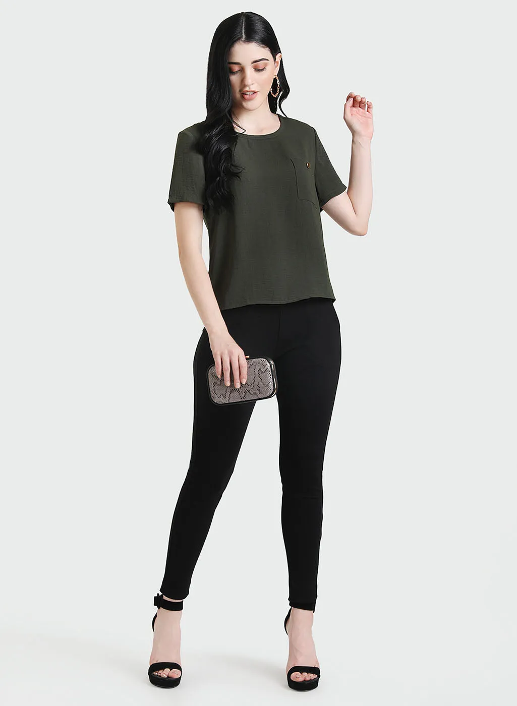 Boxy Top With Button Detail On Pocket