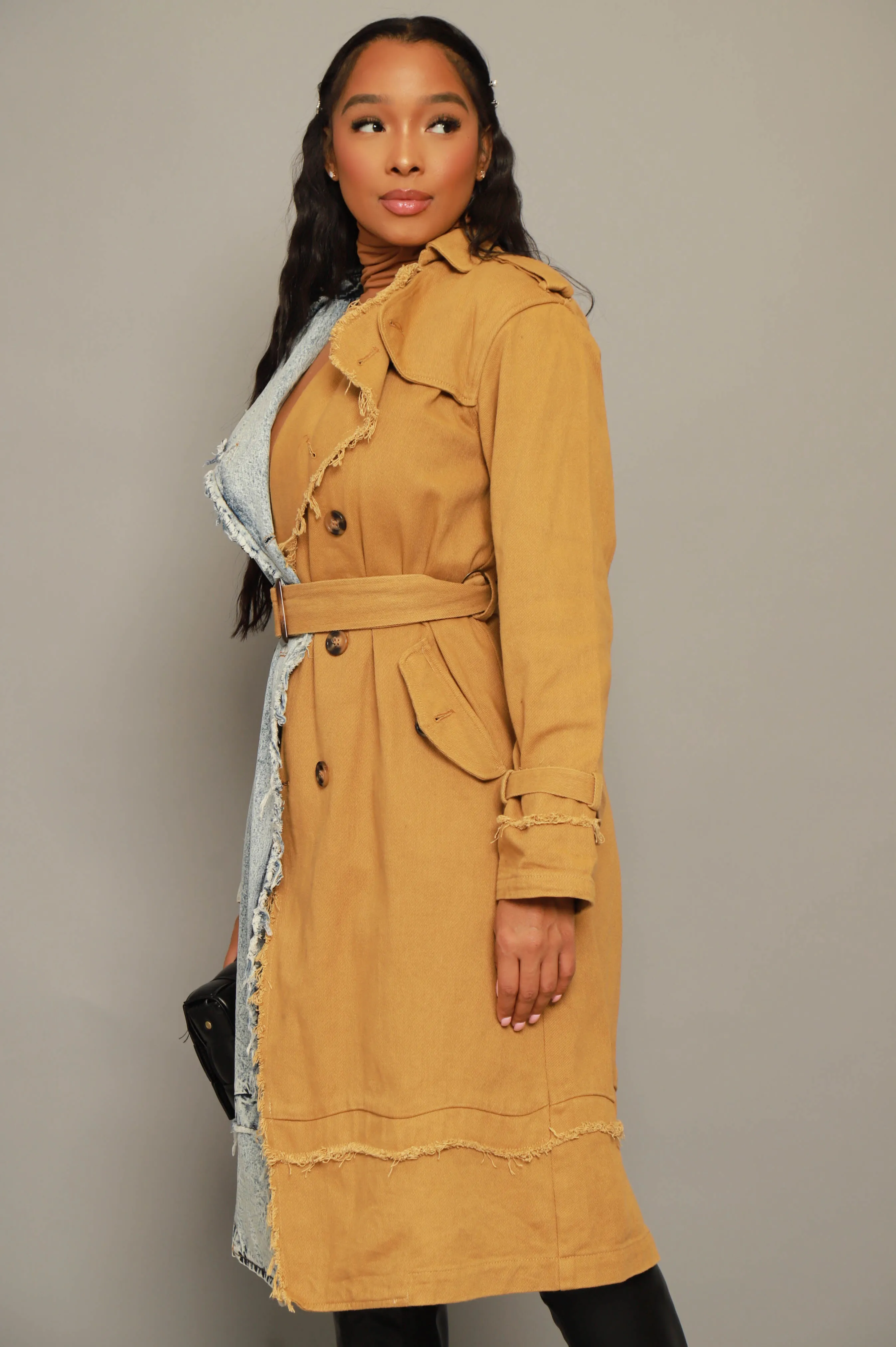 Can't Get Away Two Toned Trench Coat - Light Wash/Khaki