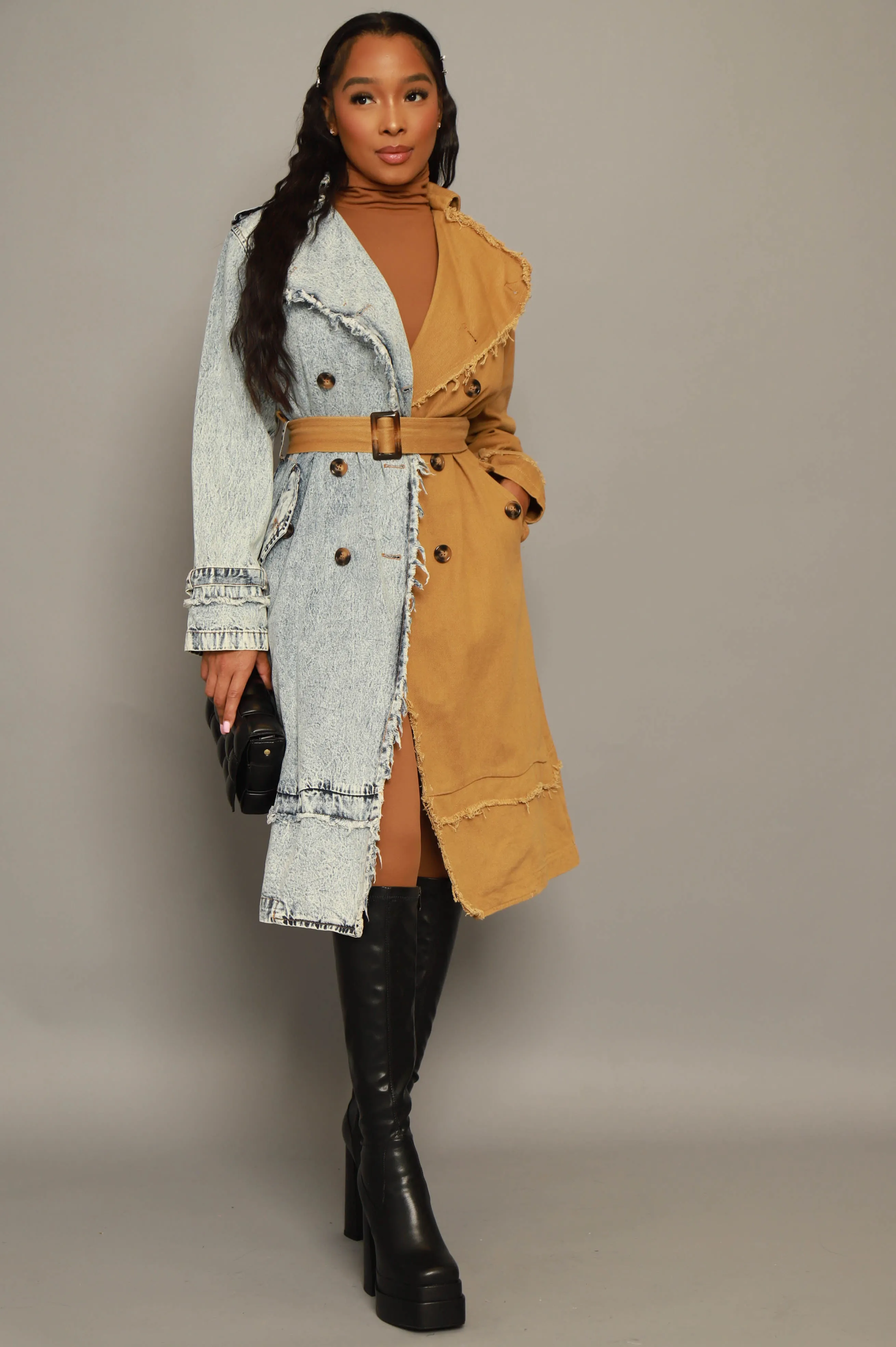 Can't Get Away Two Toned Trench Coat - Light Wash/Khaki