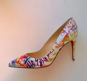 Christian Louboutin Pigalle Follies 85 Printed Graffitti Heels White Leather