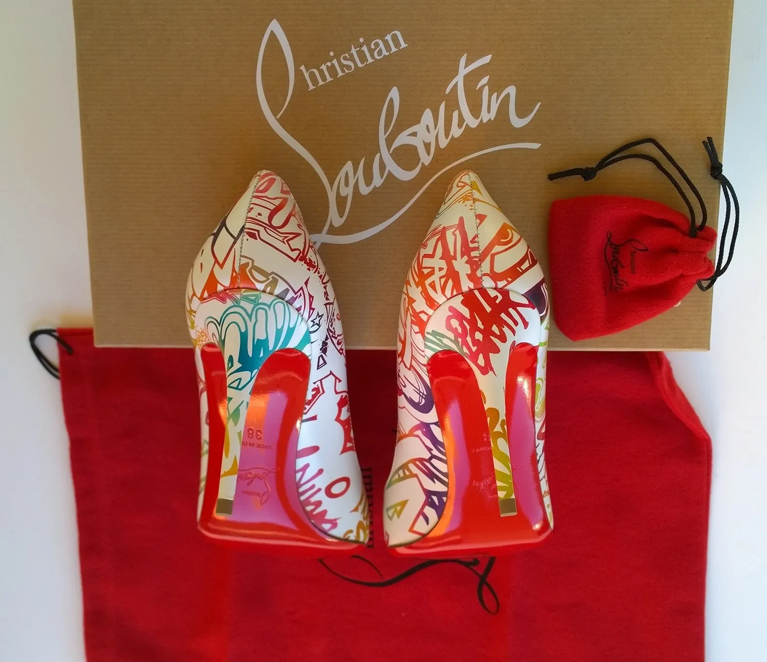 Christian Louboutin Pigalle Follies 85 Printed Graffitti Heels White Leather