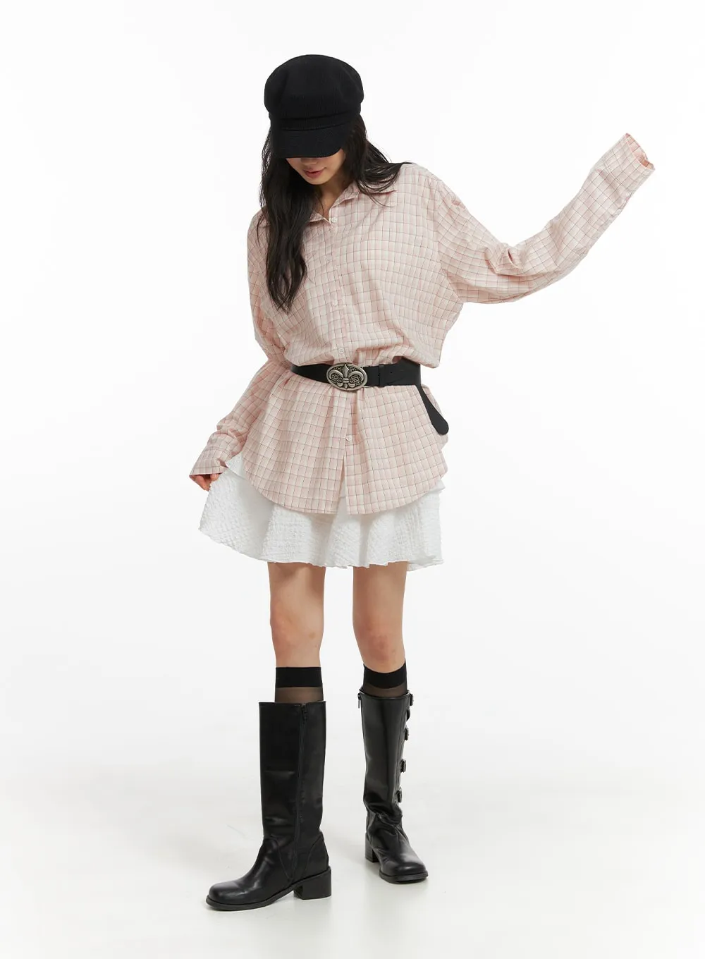 Collar Checks Button Long Sleeve Blouse CM413