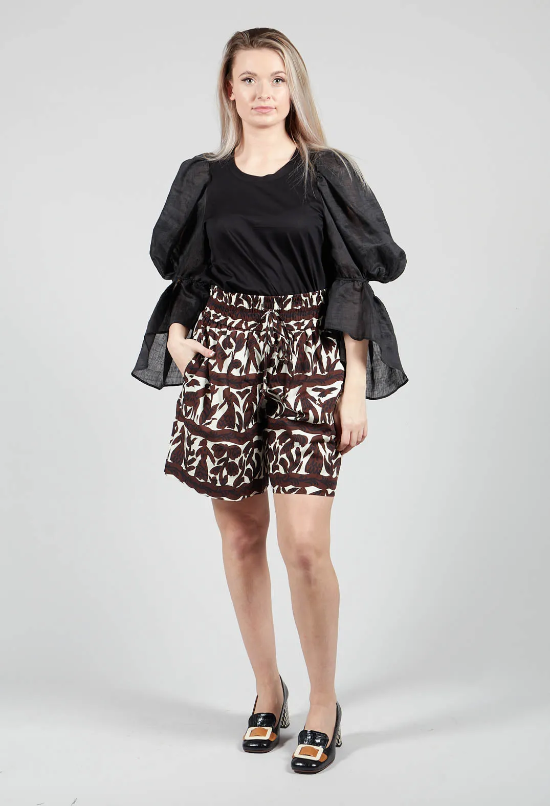 Elasticated Waistband Shorts in Brown Print