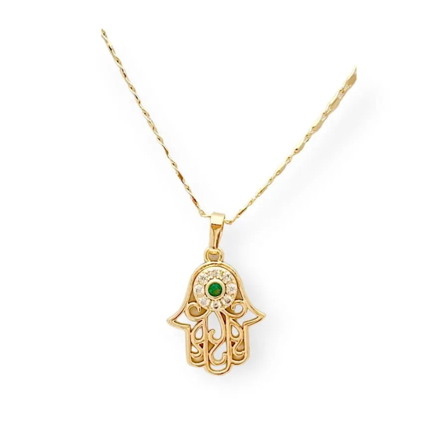 Fatima’s hand green cz stones necklace chain in 18k of gold plated