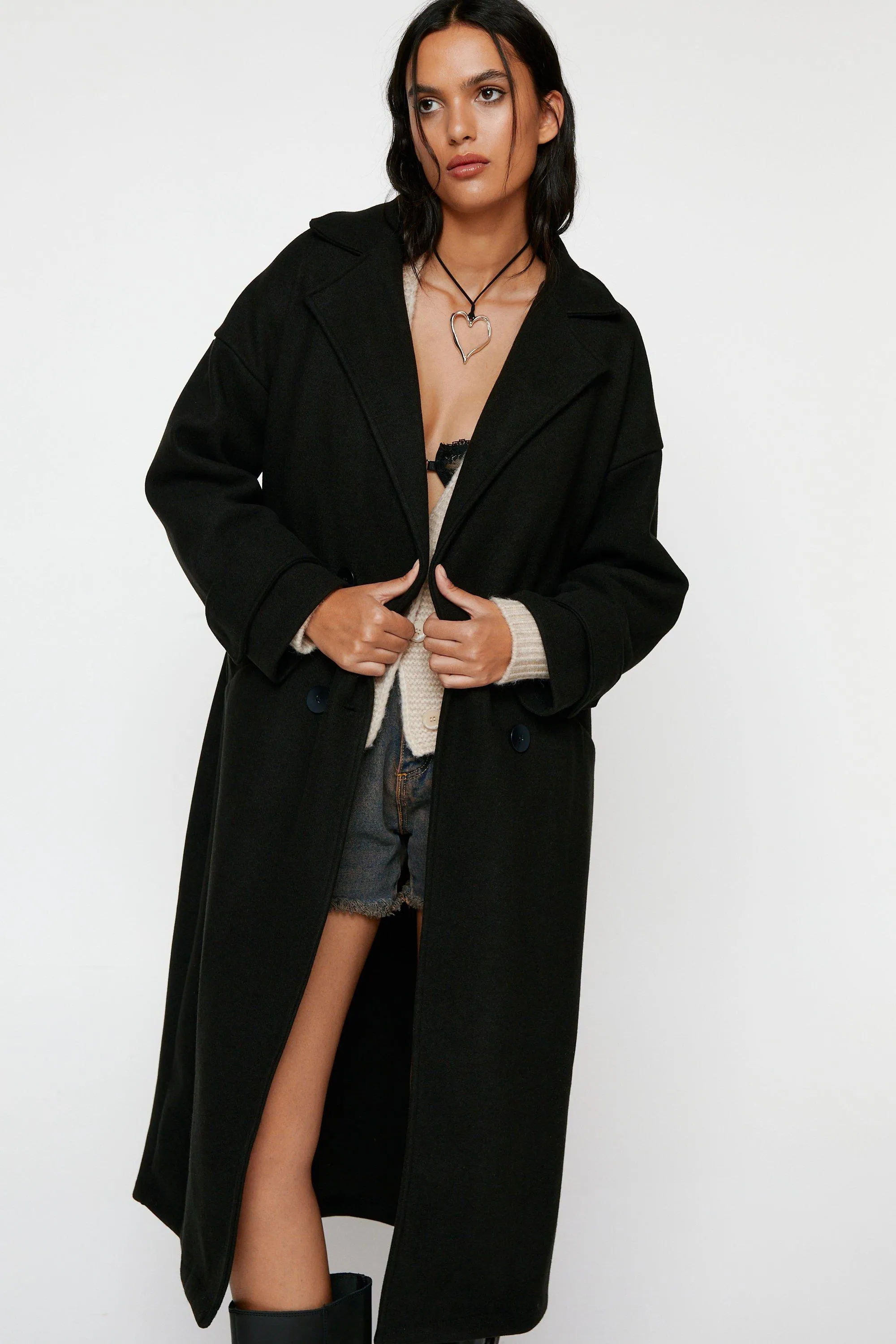 Faux Wool Double Breasted Longline Coat