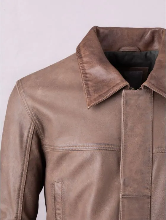 Garth Collared Leather Coat in Brown