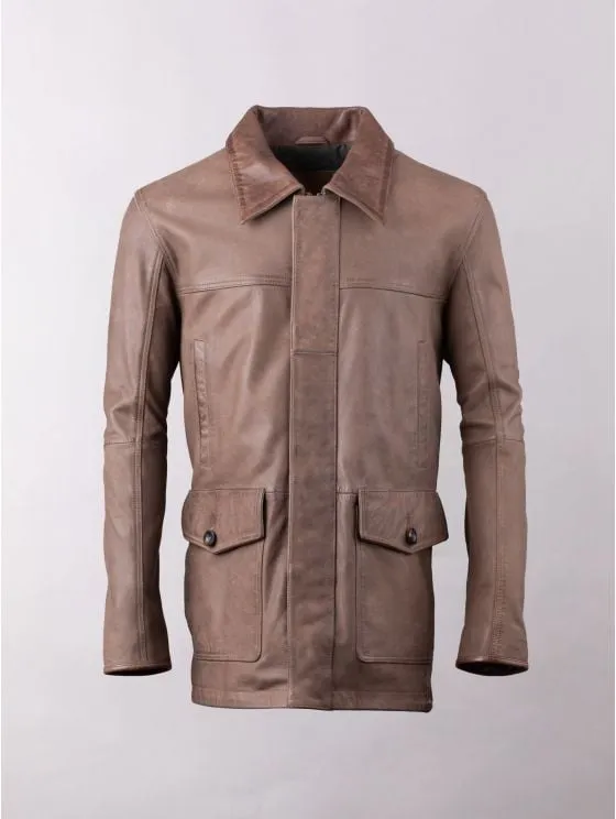 Garth Collared Leather Coat in Brown