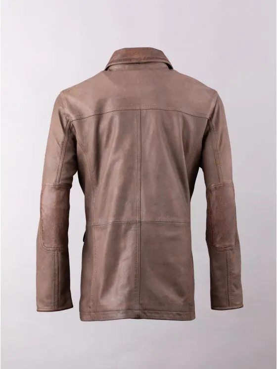 Garth Collared Leather Coat in Brown