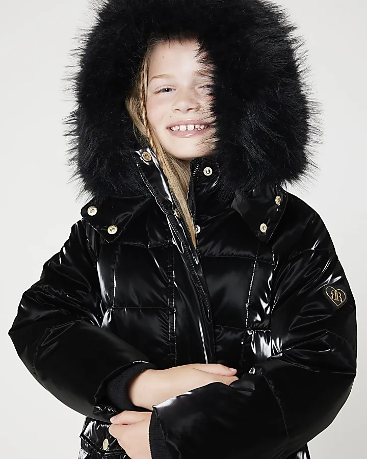 Girls black padded high shine coat