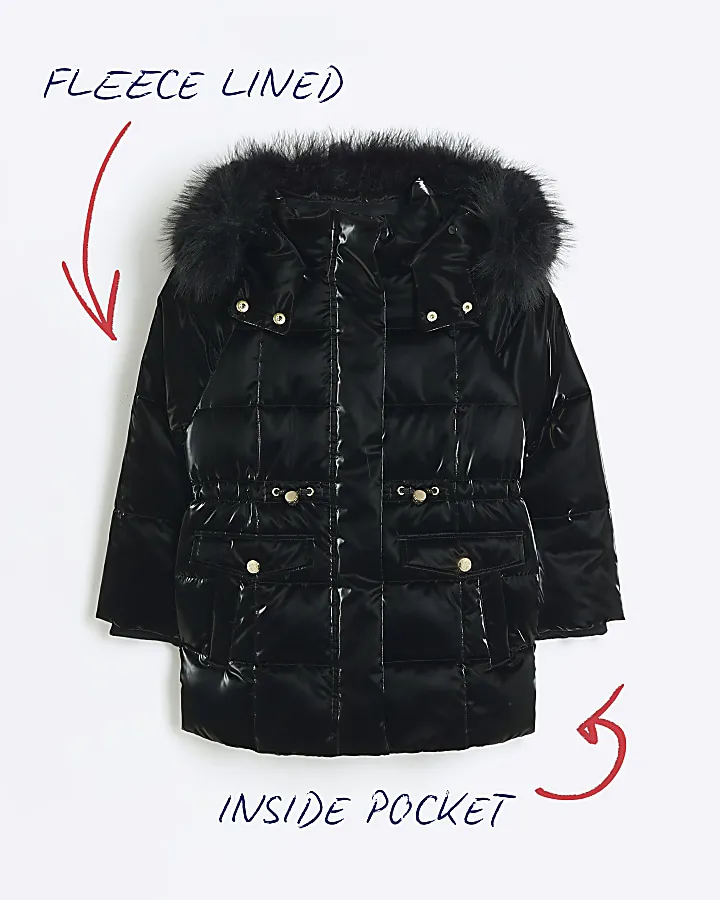 Girls black padded high shine coat