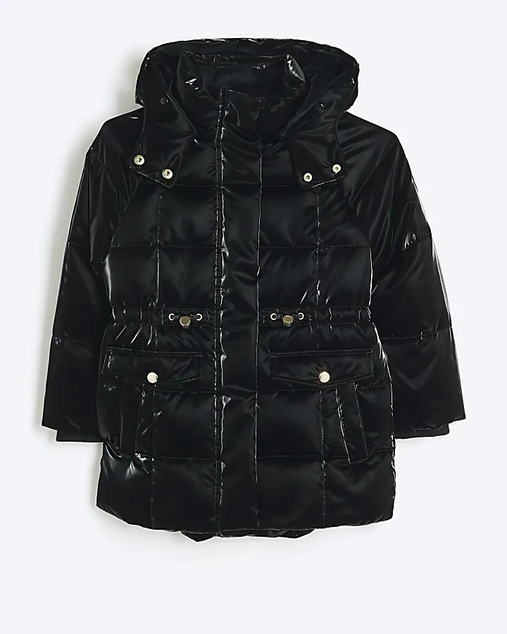 Girls black padded high shine coat