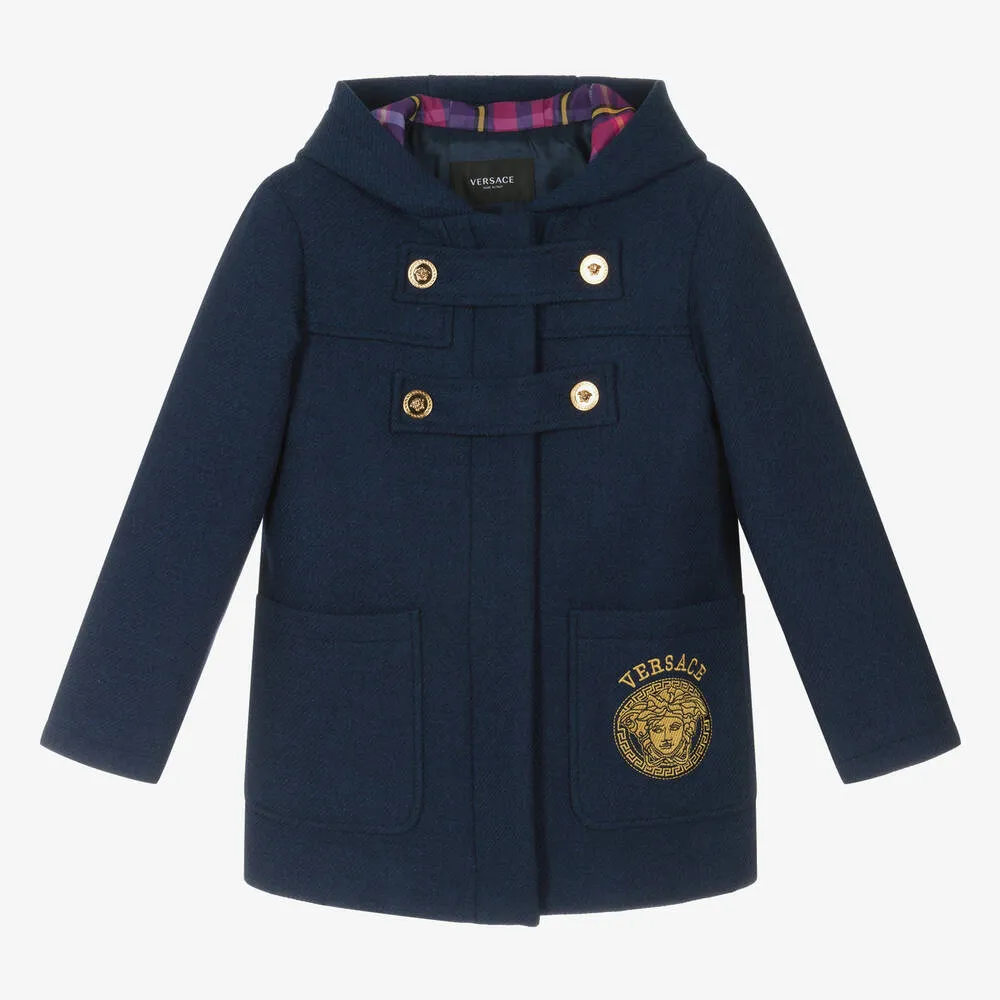 Girls Navy Blue Embroidered Duffle Coat