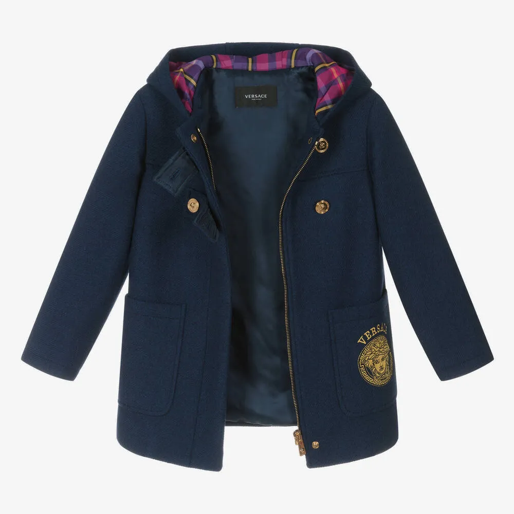 Girls Navy Blue Embroidered Duffle Coat