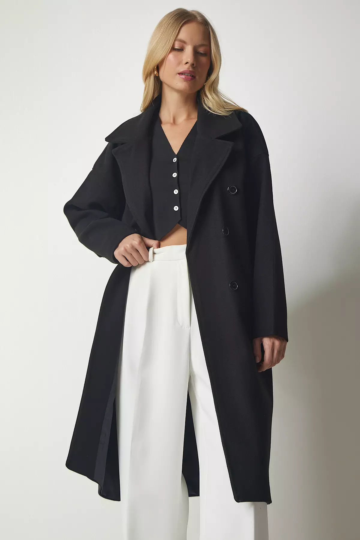 Happiness Istanbul Double Breasted Collar Long Coat