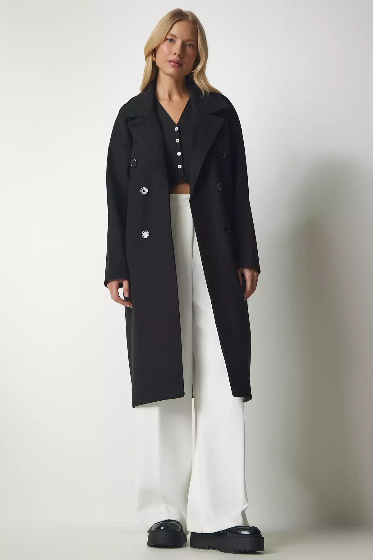 Happiness Istanbul Double Breasted Collar Long Coat