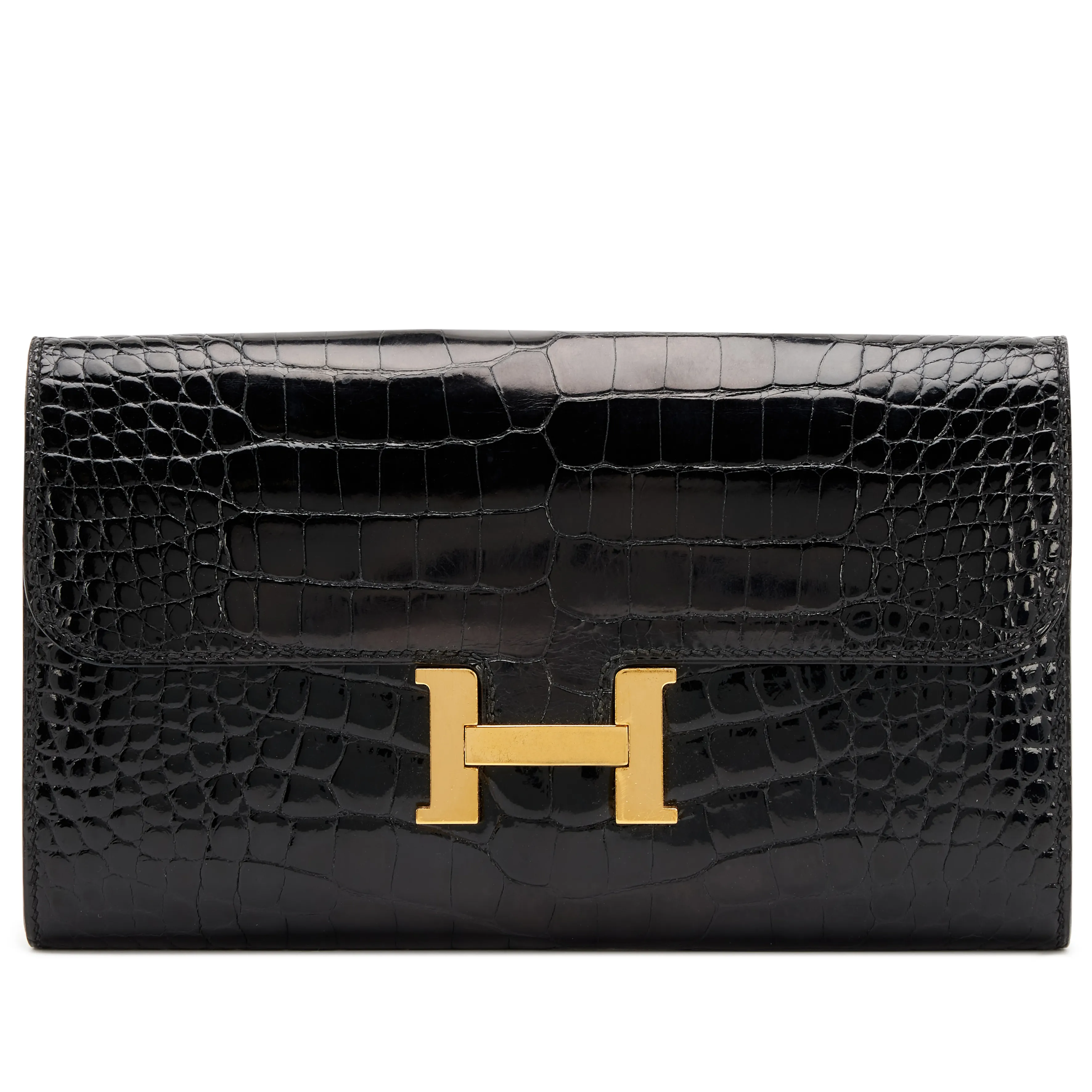 Hermès Black Porosus Crocodile and Cuivre Verso Constance Long Wallet Gold Hardware, 2017