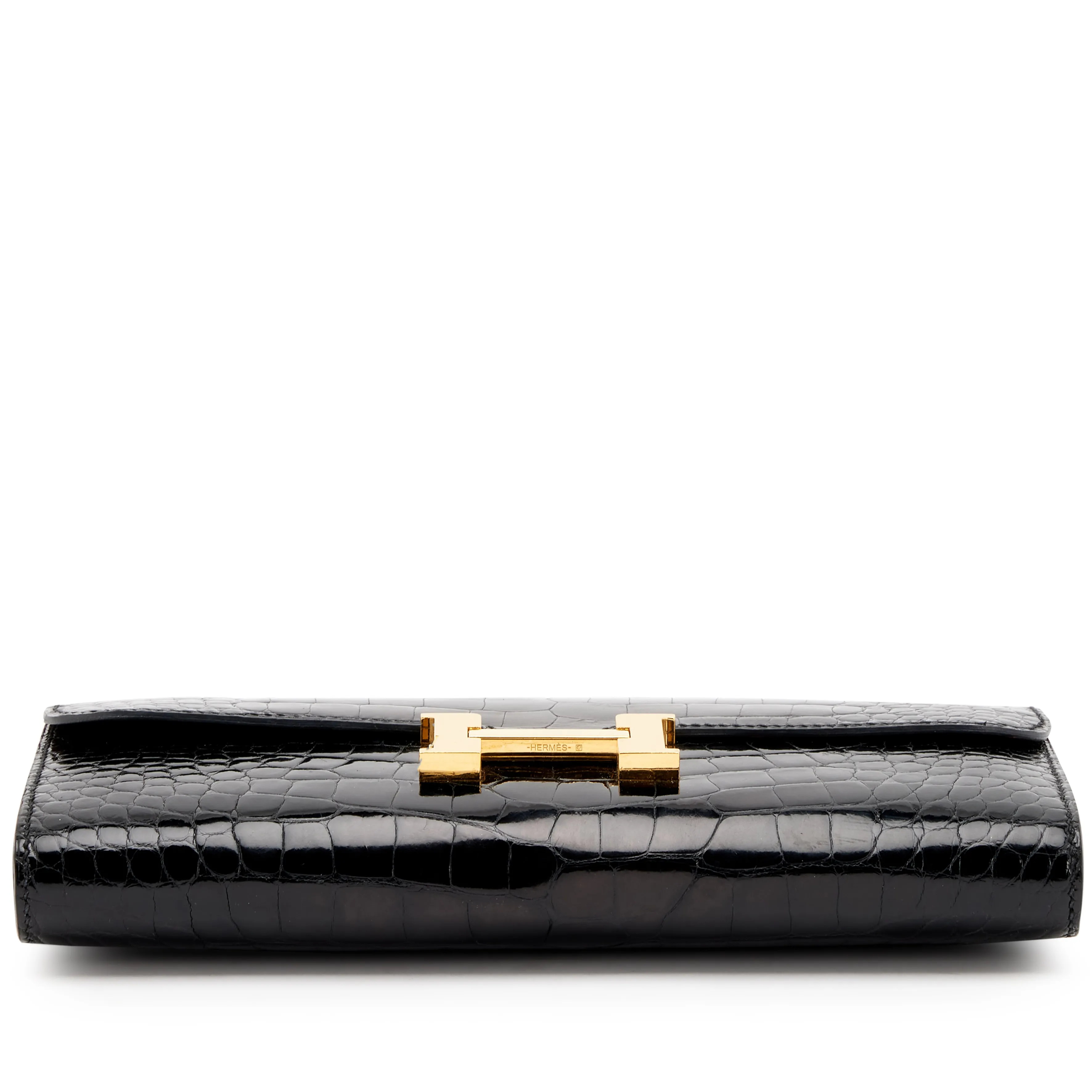 Hermès Black Porosus Crocodile and Cuivre Verso Constance Long Wallet Gold Hardware, 2017