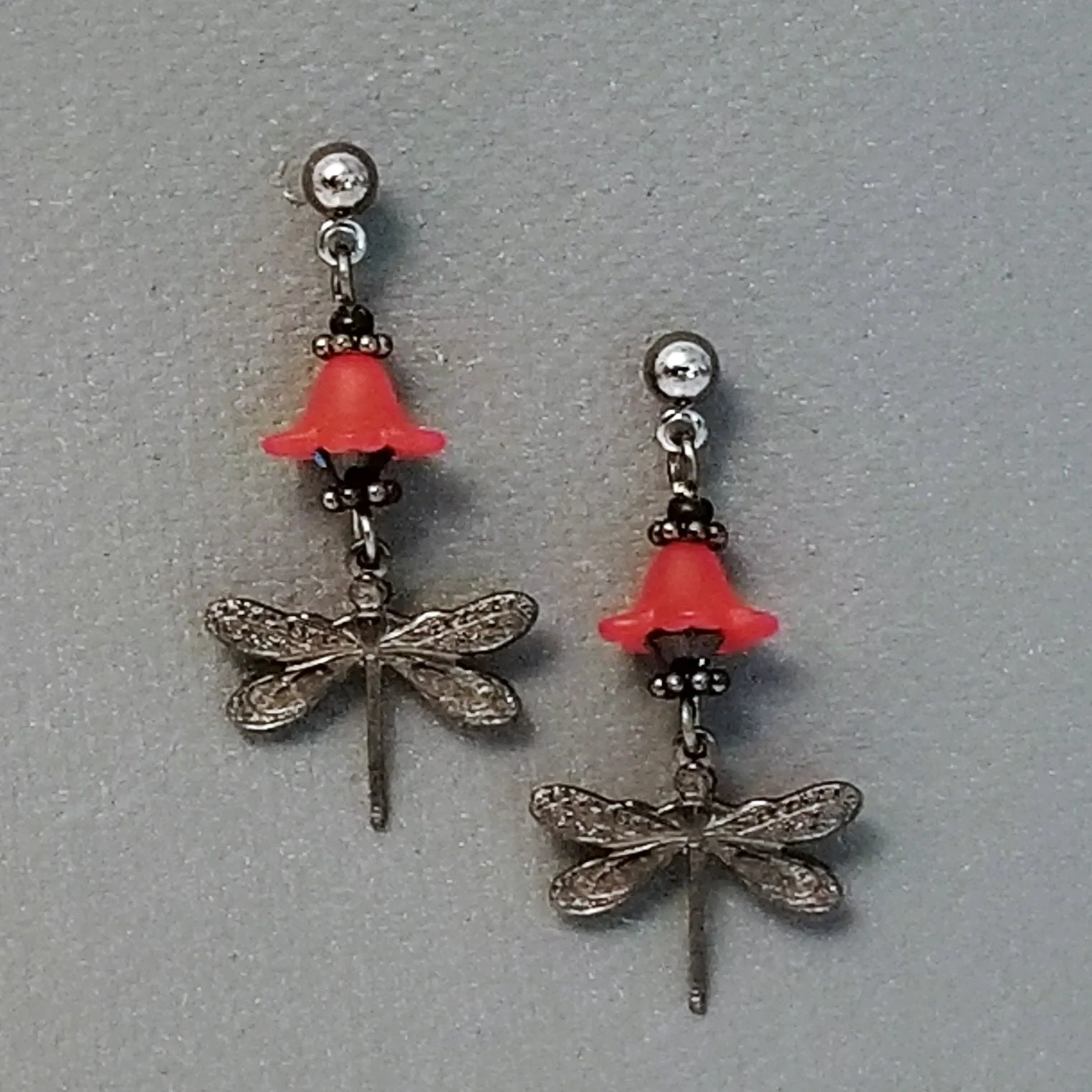 Jewelry Making Kit, Brass Dragonfly Earrings with Lucite Bell Flowers and Crystal Beads, Choose 5 Pairs, #394