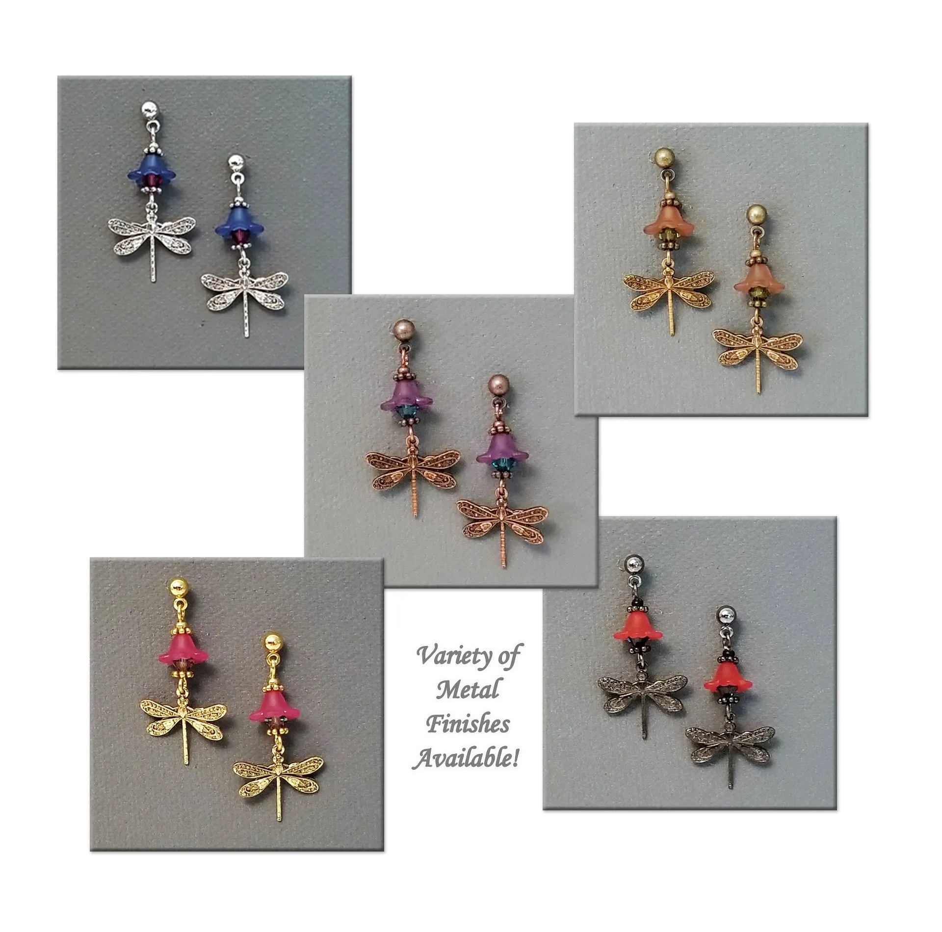 Jewelry Making Kit, Brass Dragonfly Earrings with Lucite Bell Flowers and Crystal Beads, Choose 5 Pairs, #394