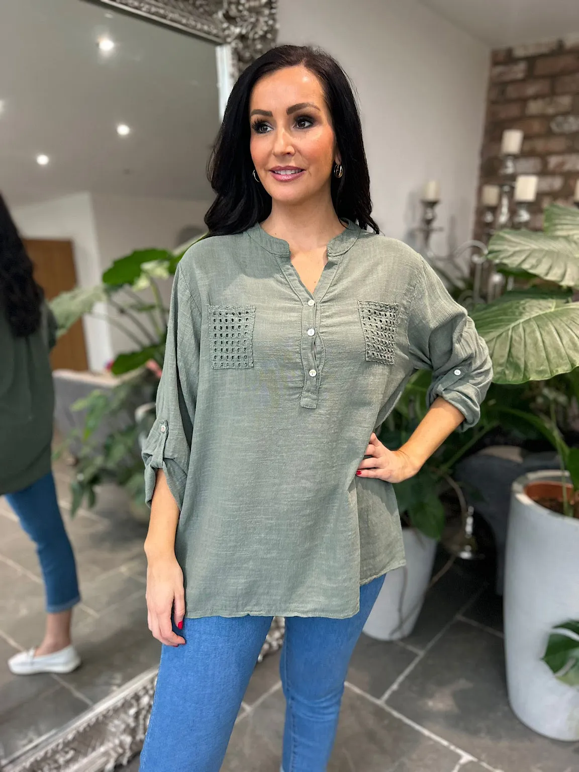 Khaki Multi Hole Button Sleeve Blouse Val