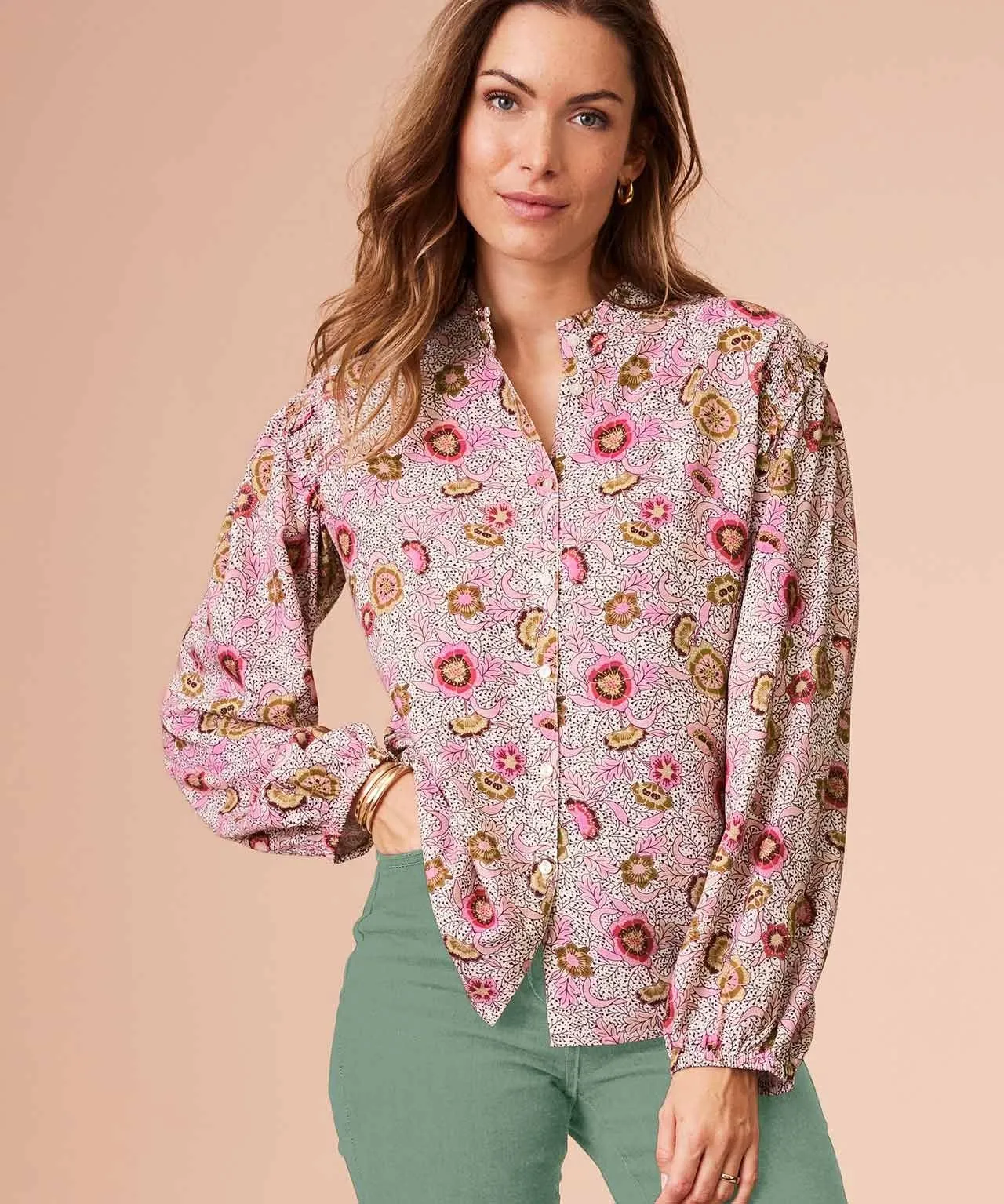 Long Sleeved Tunisian Collar Printed Blouse