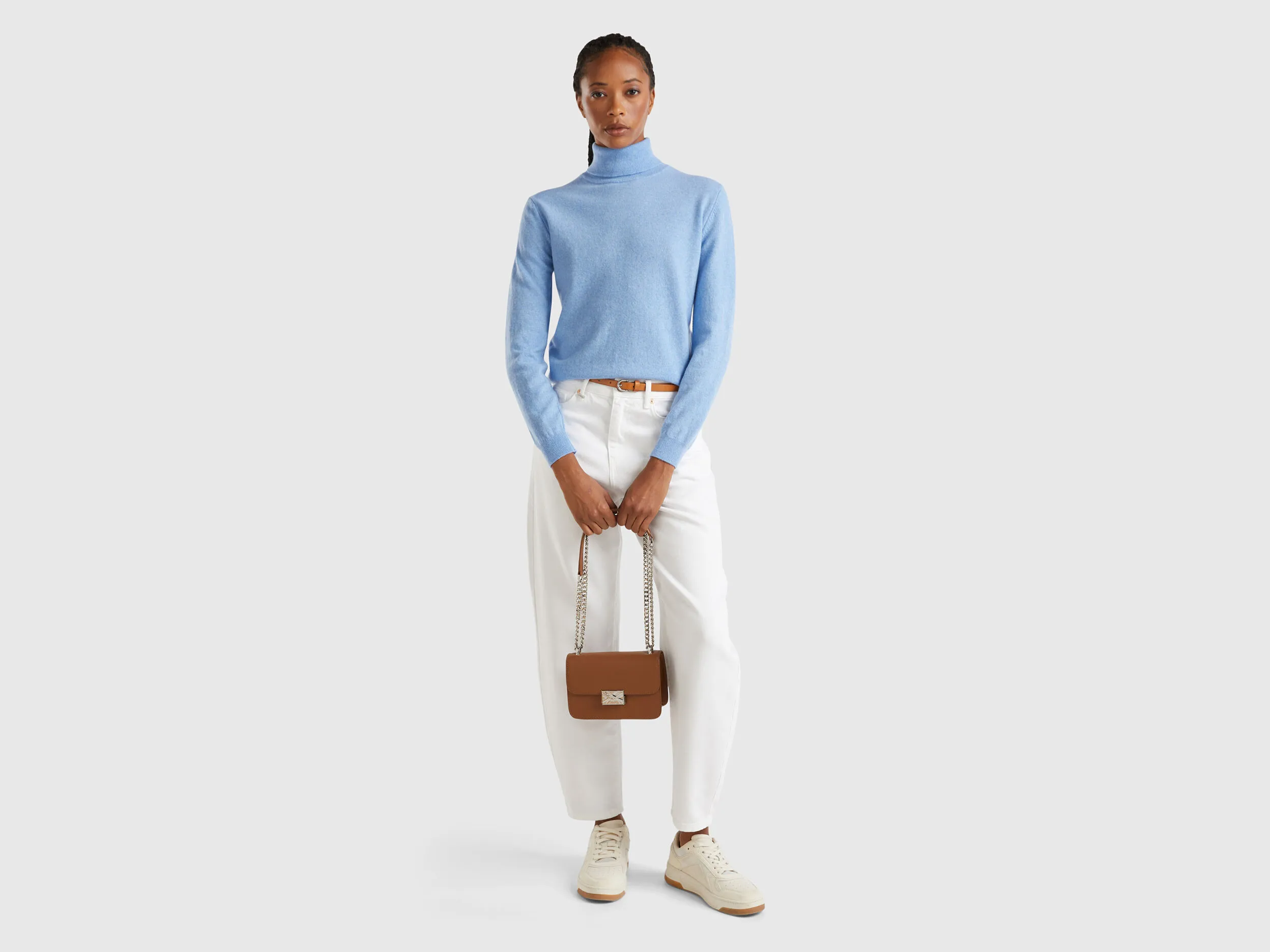 Marl sky blue turtleneck sweater in pure Merino wool - Light Blue | Benetton