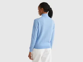 Marl sky blue turtleneck sweater in pure Merino wool - Light Blue | Benetton