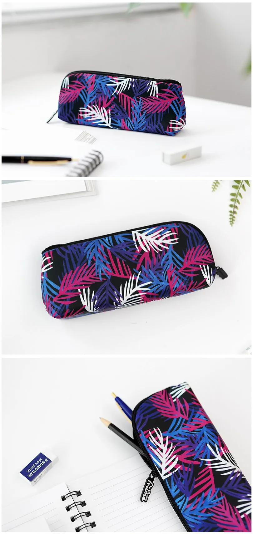 Multi-colored Black Purple Blue Tropical Floral Flower Graphic Pencil Cases Stationery Zipper School 19cm Office organizers cosm