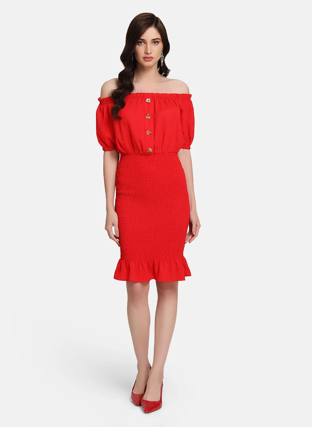 Off-Shoulder Midi Dress With Smocking