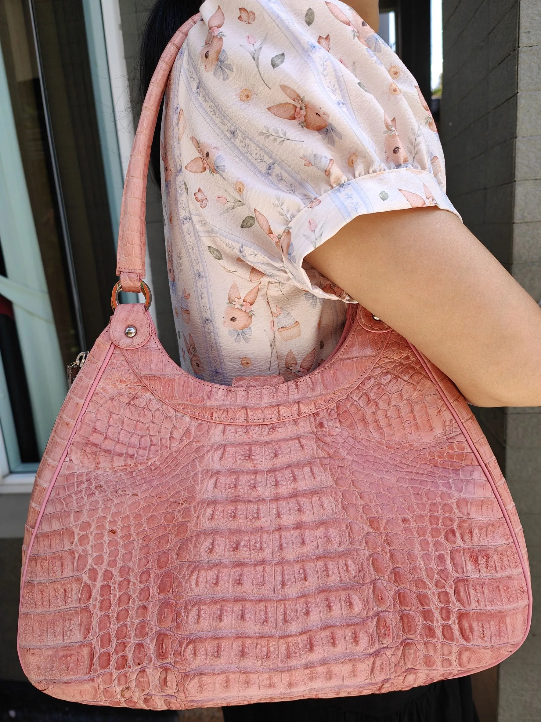 Pink Genuine Crocodile Skin Leather Women's Shoulder Bag