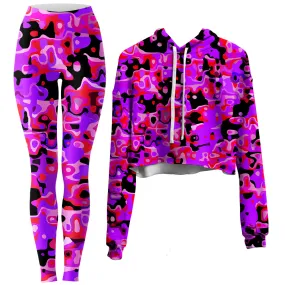 Purple Red and Black Rave Camo Melt Crop Hoodie and Leggings Combo