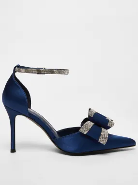 Quiz Navy Satin Diamante Bow Court Heels