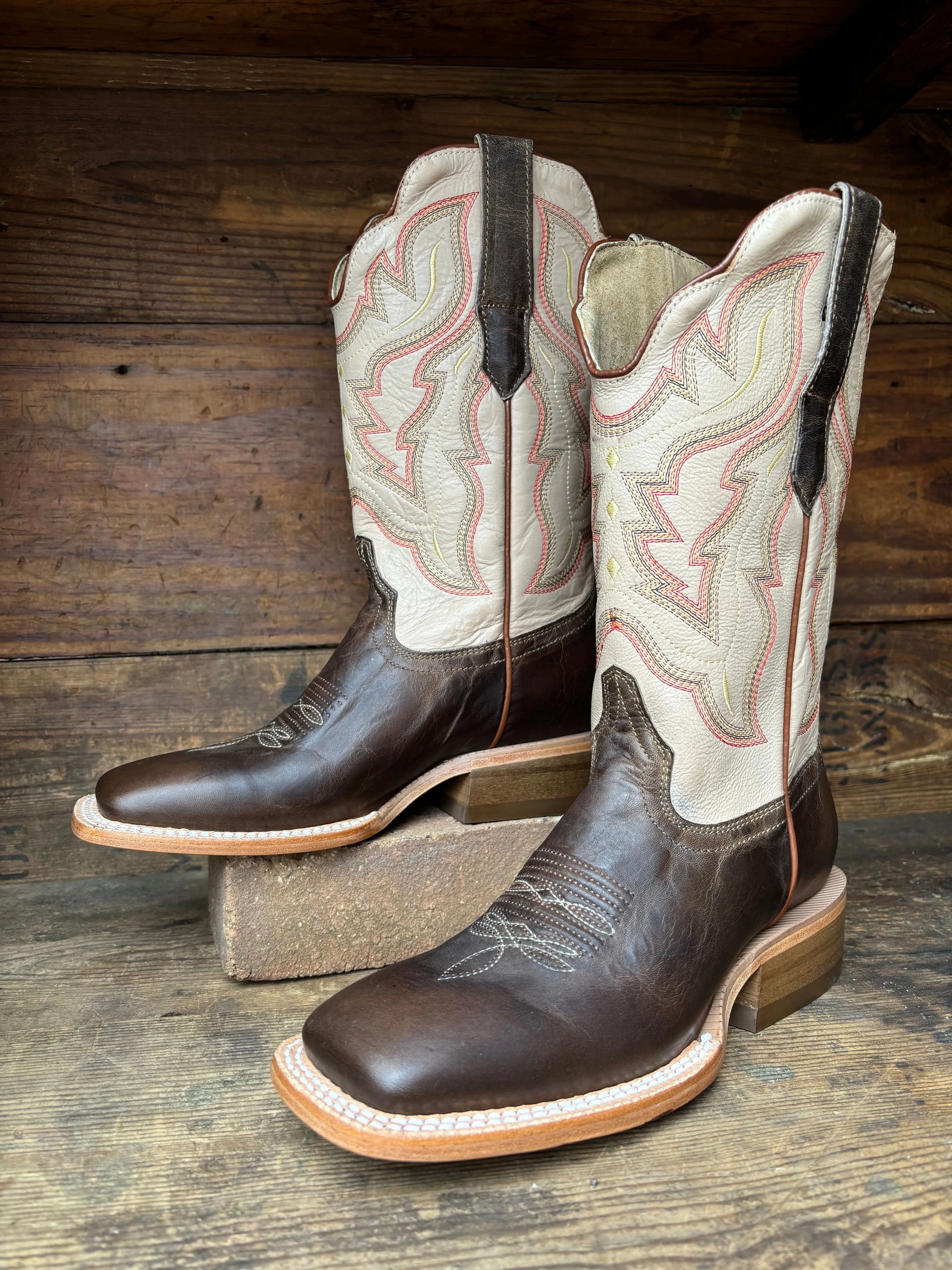 R. Watson Women's Ivory Cowhide & Mad Brown Goat Square Toe Cowgirl Boots WRL0006-2