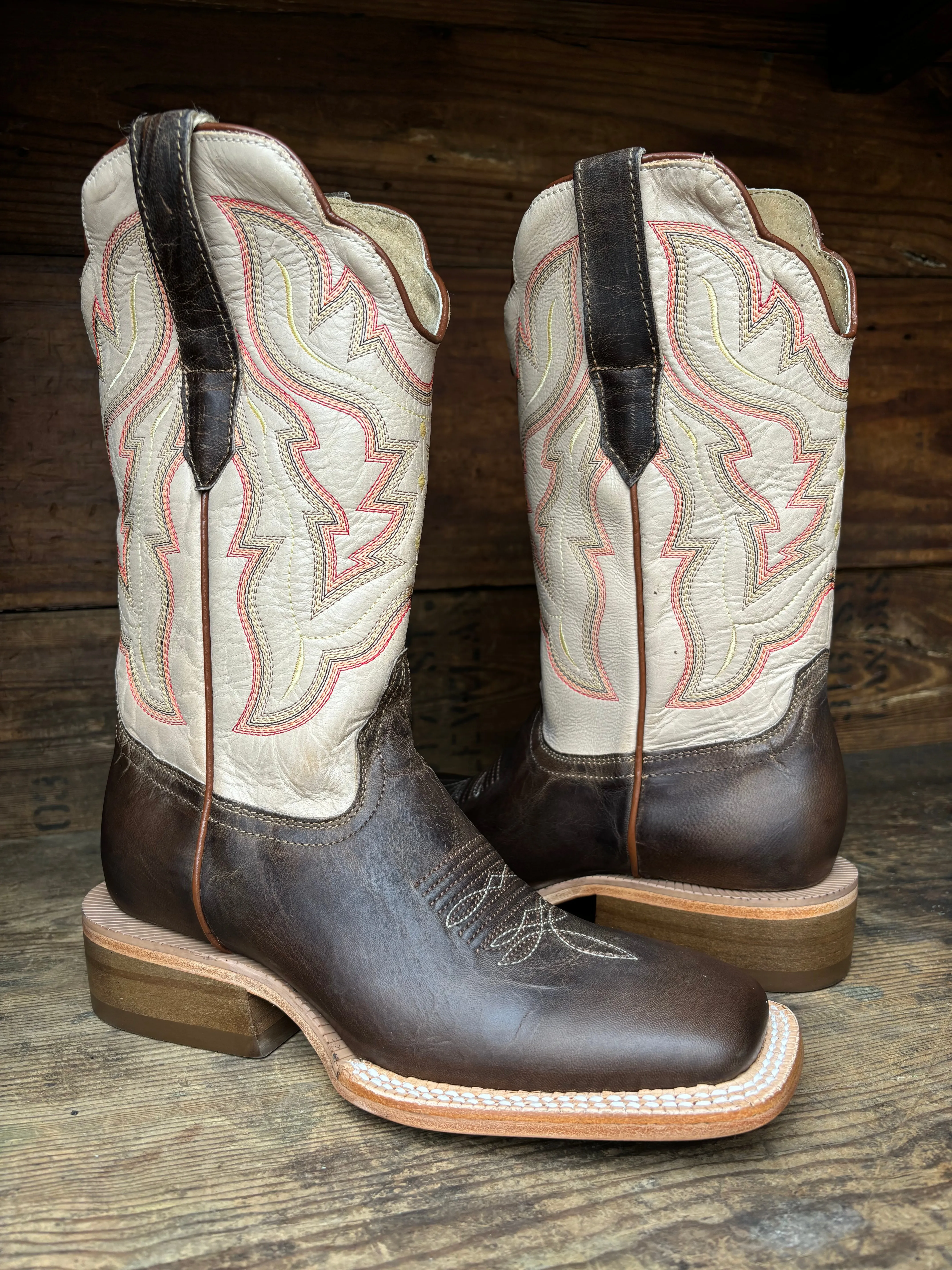 R. Watson Women's Ivory Cowhide & Mad Brown Goat Square Toe Cowgirl Boots WRL0006-2