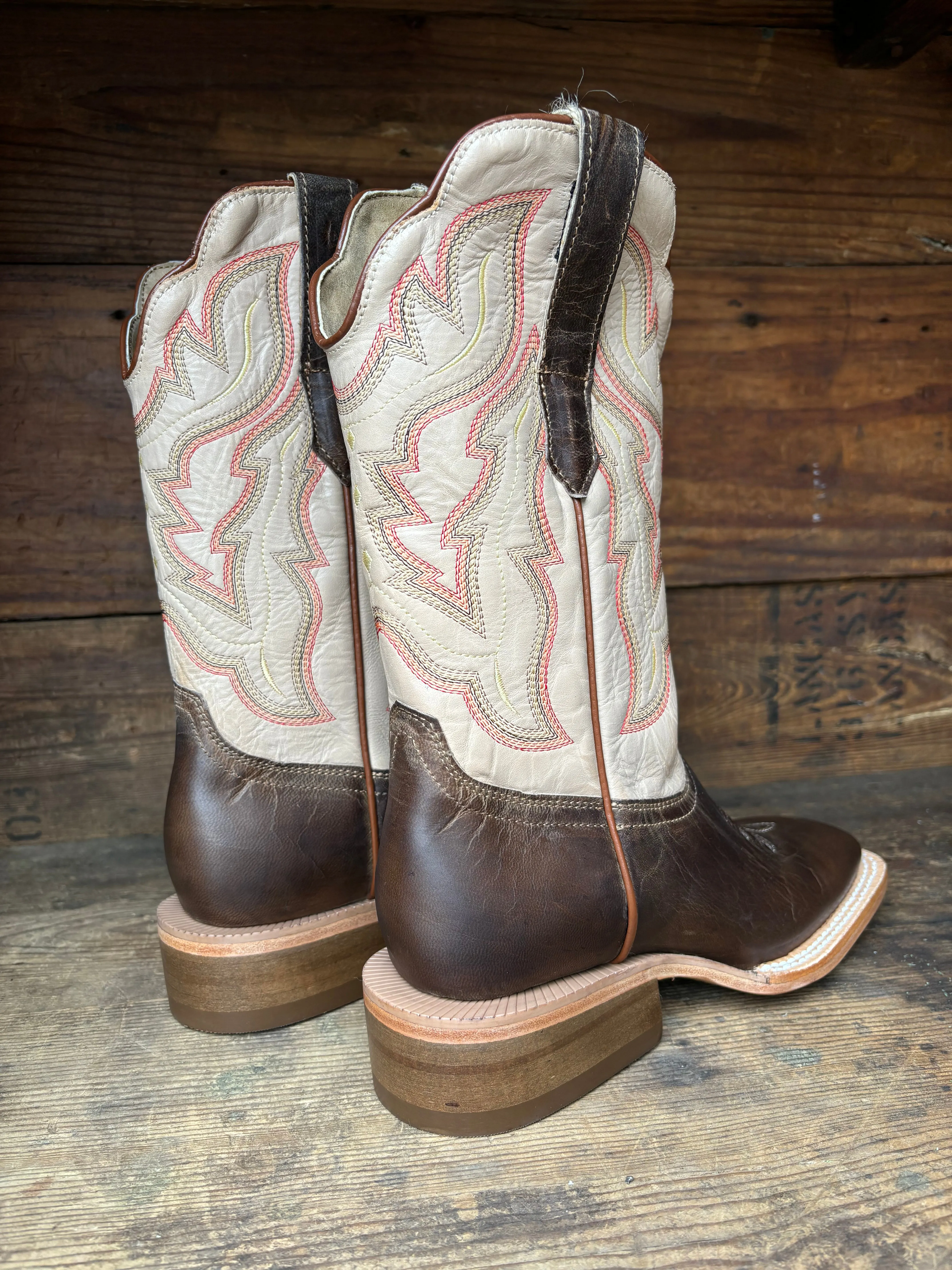 R. Watson Women's Ivory Cowhide & Mad Brown Goat Square Toe Cowgirl Boots WRL0006-2