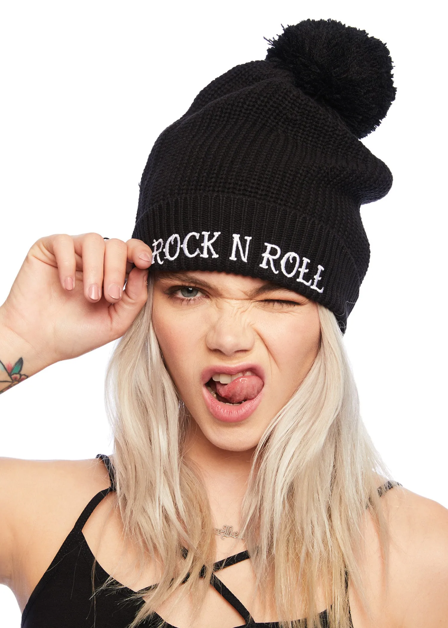 ROCK N ROLL Knit Beanie with Pom Pom