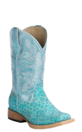 Roper Kids Turquoise Floral Glitter with Blue Ice Square Toe Cowboy Boots